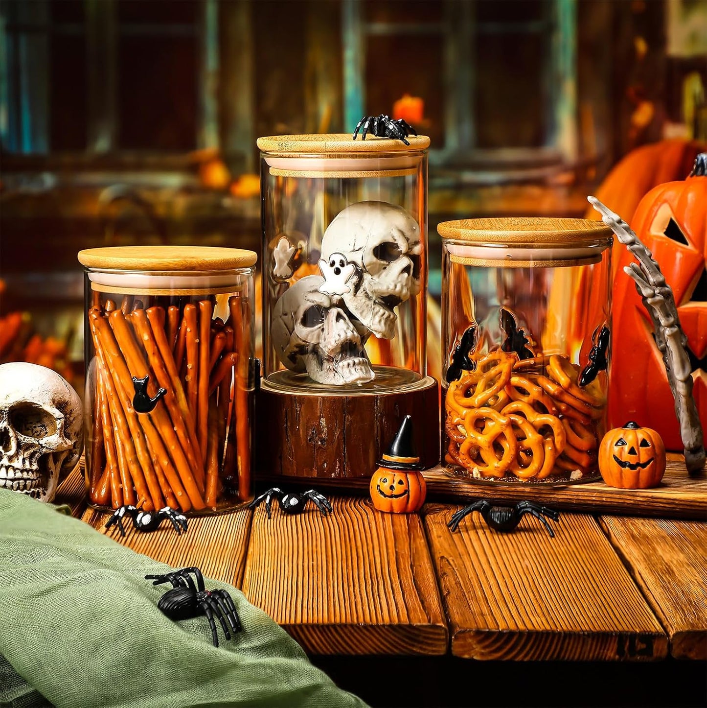 3 Pcs Halloween Icon Glass Storage Jars with Airtight Bamboo Lid Black White Ghost Bat Cat Icon Halloween Glass Jars Canister Sets for Winter Home Kitchen Countertop Decoration