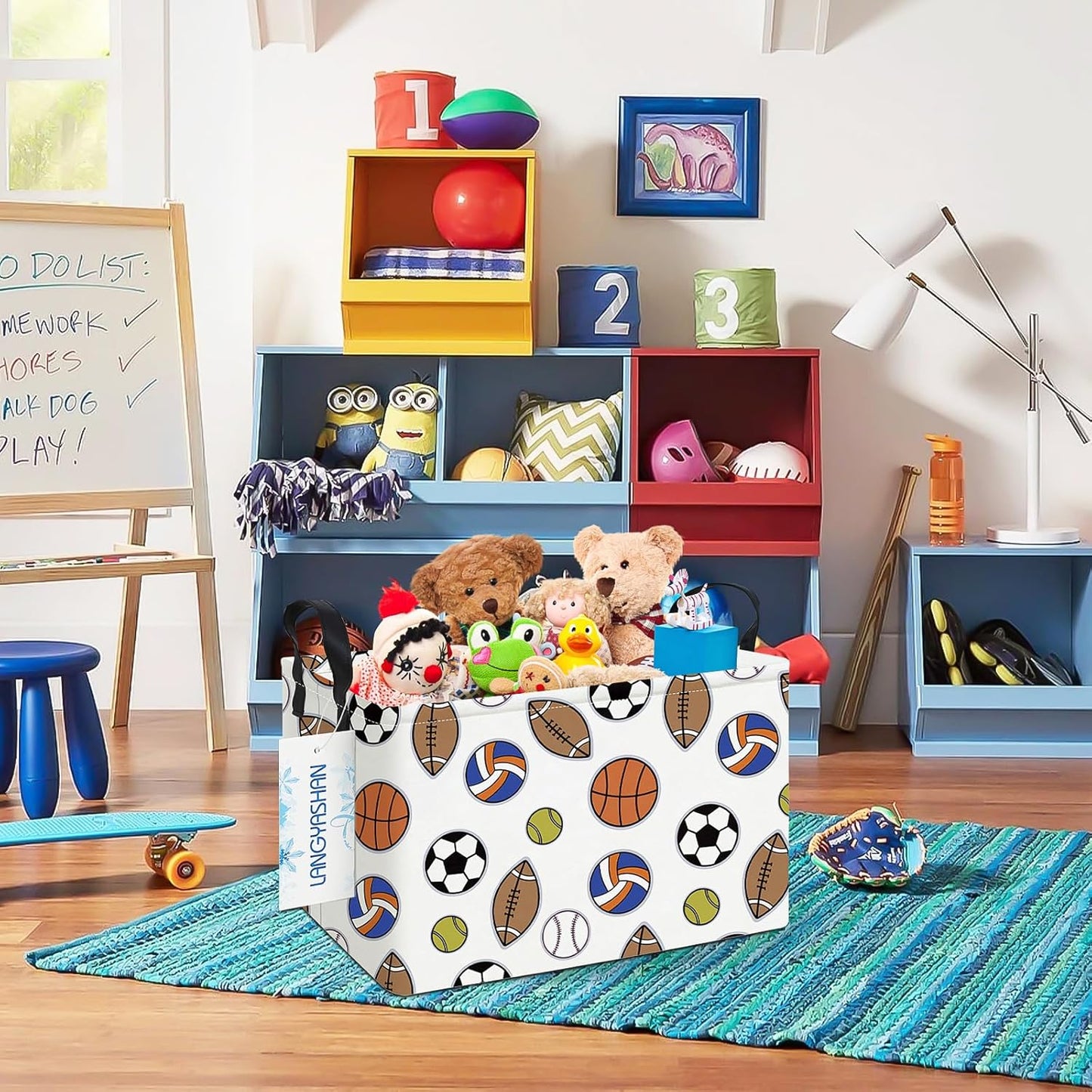 LANGYASHAN Rectangular Storage Bin Collapse Canvas Fabric Cartoon Storage Basket with Handles for Organizing Home Kitchen Boys and Girls Toys Office Closet Shelf Baskets (Rec Colorful Balls)