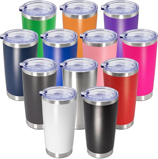 20 oz Tumbler Coffee Travel Tumblers Bulk with Lid Stainless Steel Double Wall Vacuum Insulated Mug Powder Coated Cups fit Car Cupholder for Hot and Cold - Mix Color, 12Pack