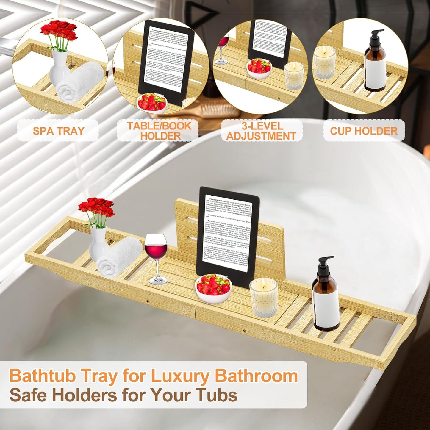 Bathtub Tray Caddy - Bath Tray - Bath Tub Table Tray - Bamboo Bath Tray for Bathtub