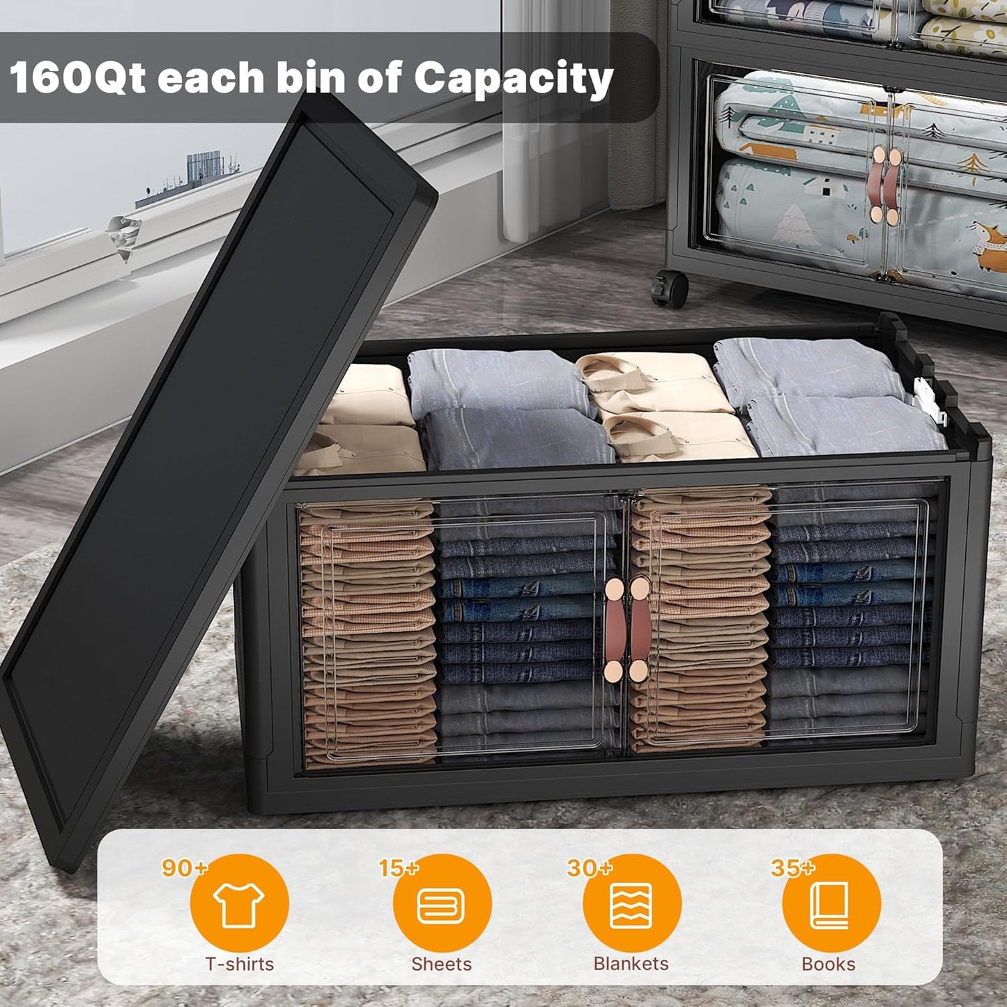 Extra Large Stackable Storage Bins with Lids & Wheels & Door, 1280QT-160QT/40GAL*8Pack Foldable Collapsible Closet Organizers, Plastic containers drawers for bedroom Dorm