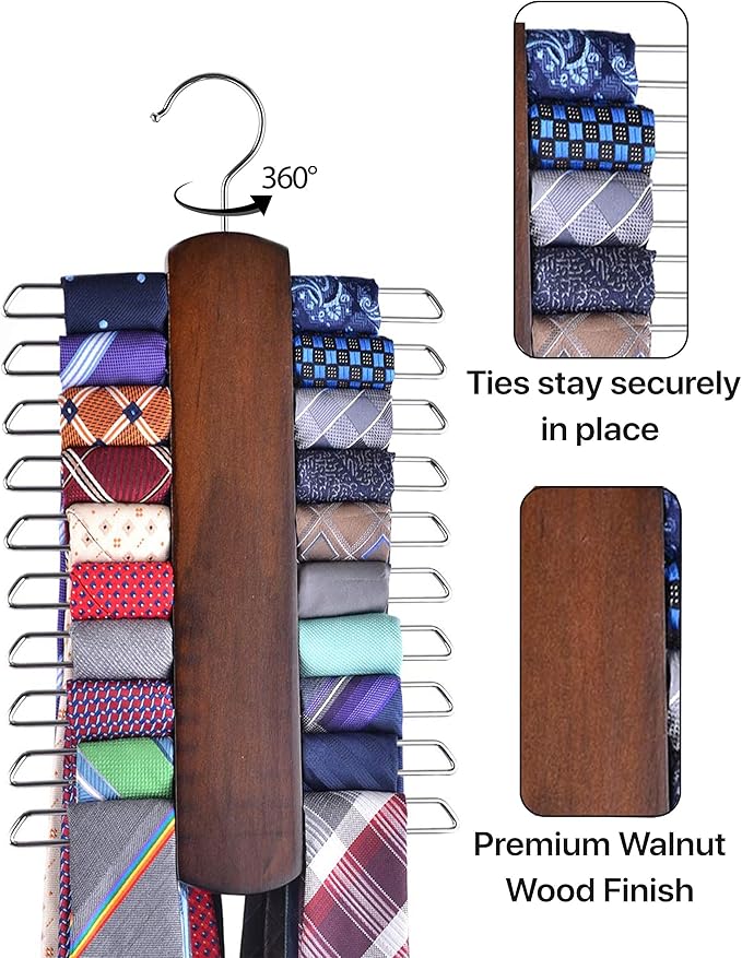 Umo Lorenzo Premium Wooden Tie and Belt Hanger - Gift Set for Men - Walnut Wood Organizer and Storage Rack