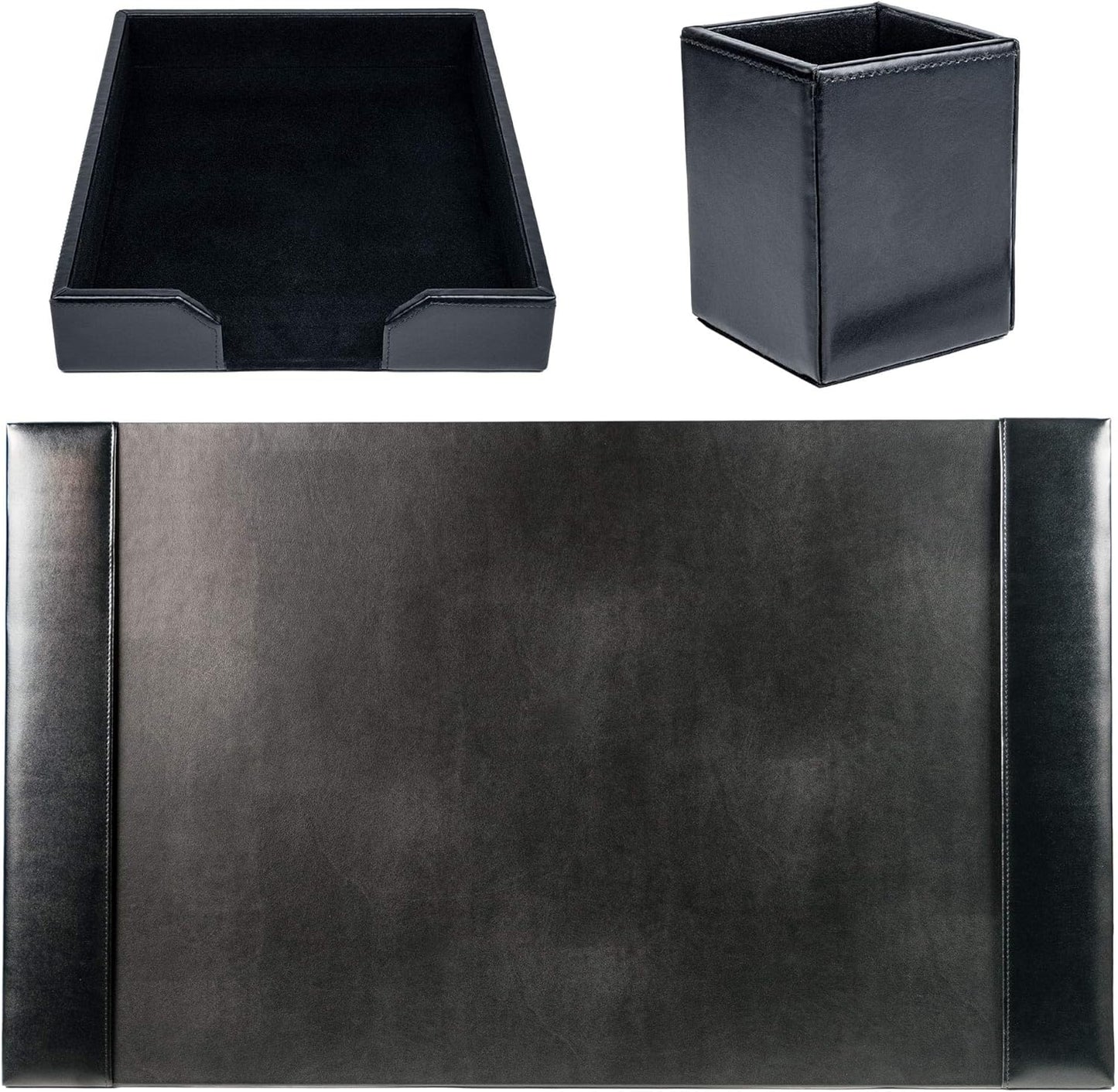 Dacasso Bonded Set Luxury Leather Desk Pad & Desk Organization Essentials, 3 Piece, Black