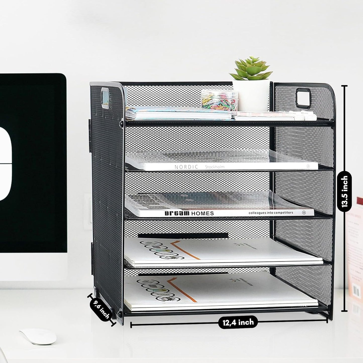 Metal Mesh Desk Organizer, 5 Compartments, Large Capacity, Holes to Handle It, Rounded Corners, Non-Slip, Anti Rust, Hinge Design