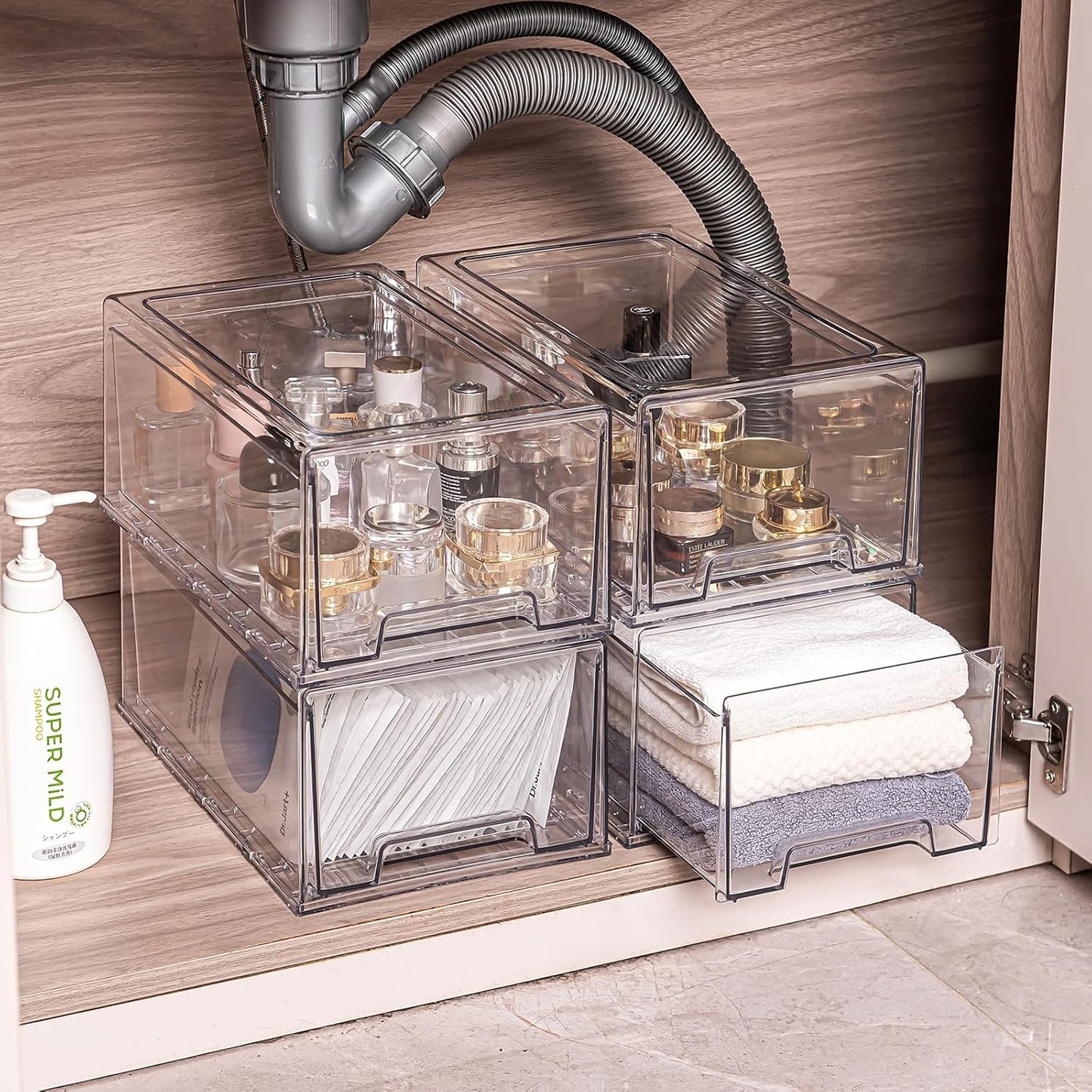 PeJeyiee 2 Pack Stackable Pull-Out Storage Drawers，Plastic Clear Organizer Bins with Handles，Easily Clean for Craft, and Toy Organization，Kitchen Undersink，Cabinet，Fridge，Closet，Pantry，Office，Bathroom