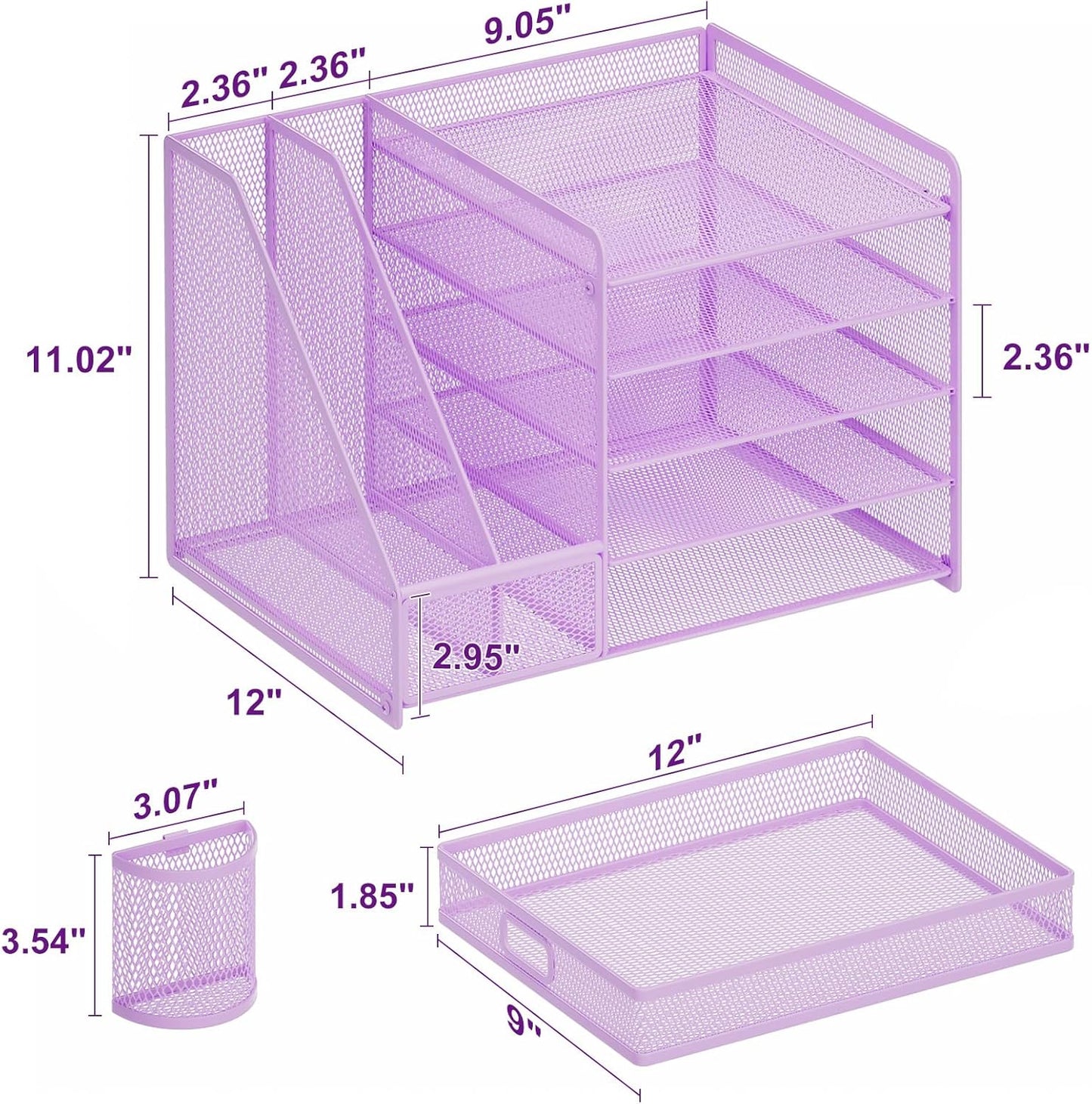 Marbrasse Desk Organizer with File Holder, 5-Tier Paper Letter Tray Organizer with Drawer and 2 Pen Holder, Mesh Desktop Organizer and Storage with Magazine Holder for Office Supplies(Purple)