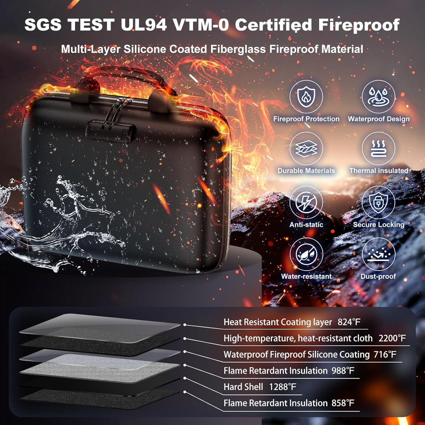 Fireproof Document Box, Hard Case Fireproof File Organizer with Lock and 13 Pocket Accordion File Folder, Portable Safe Box for Home Office Travel to Storage Important Documents Laptop Black