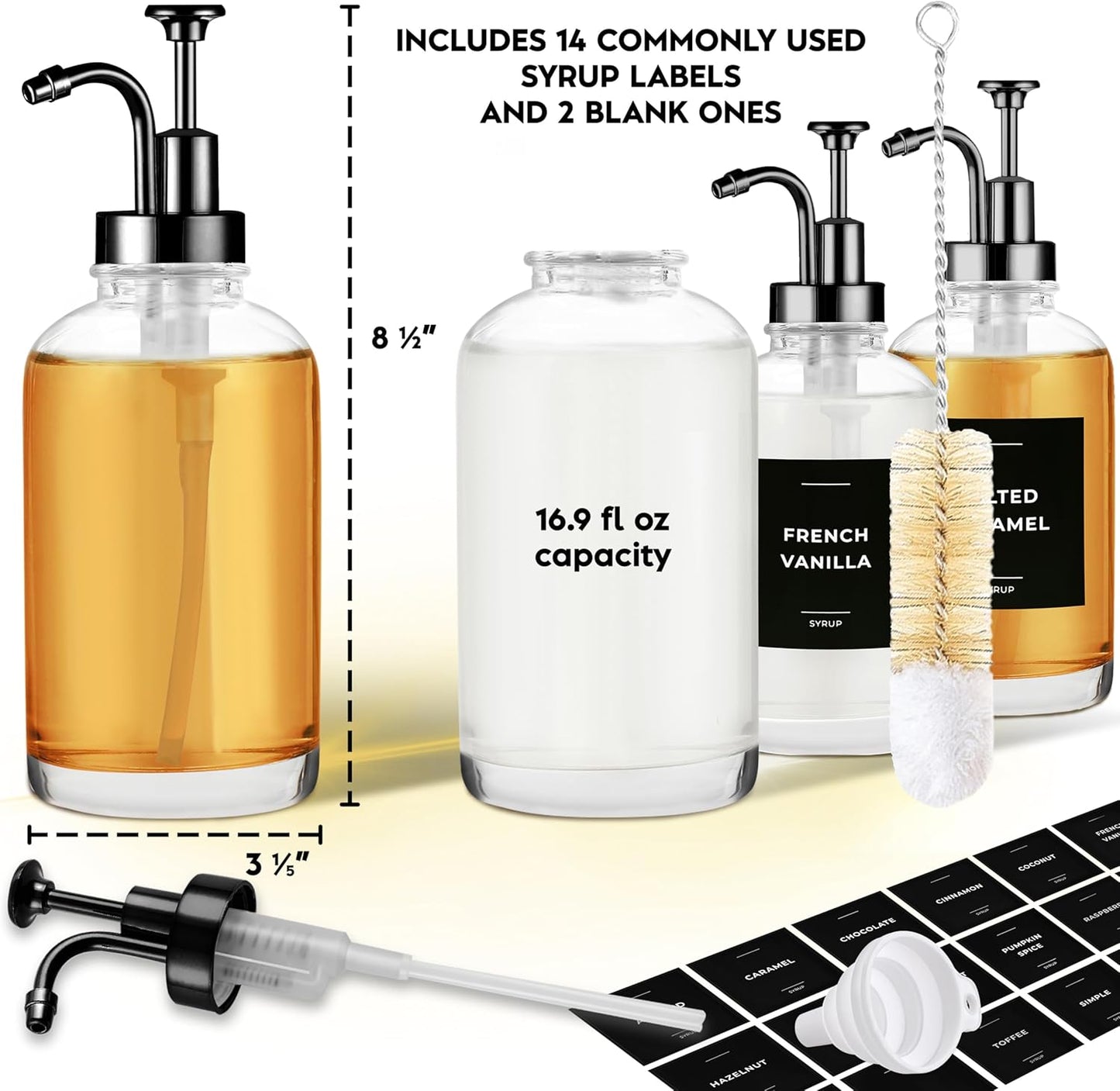 Coffee Syrup Dispenser with Pump - Includes 24 Flavor Labels - Glass Syrup Dispenser for Coffee Bar - Elevate your Beverage Station with 16.9 fl oz Flavoring Container Bottles, 4pcs, Black