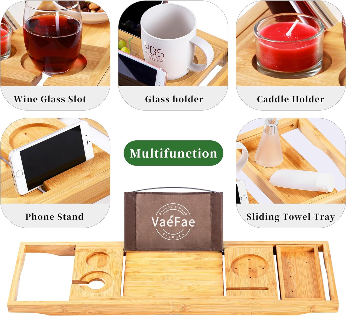 VaeFae Bamboo Bathtub Caddy Tray, Expandable Bath Tray for Tub with Upgraded Wine Slots and Book Holder - Ideal for One or Two Person Use
