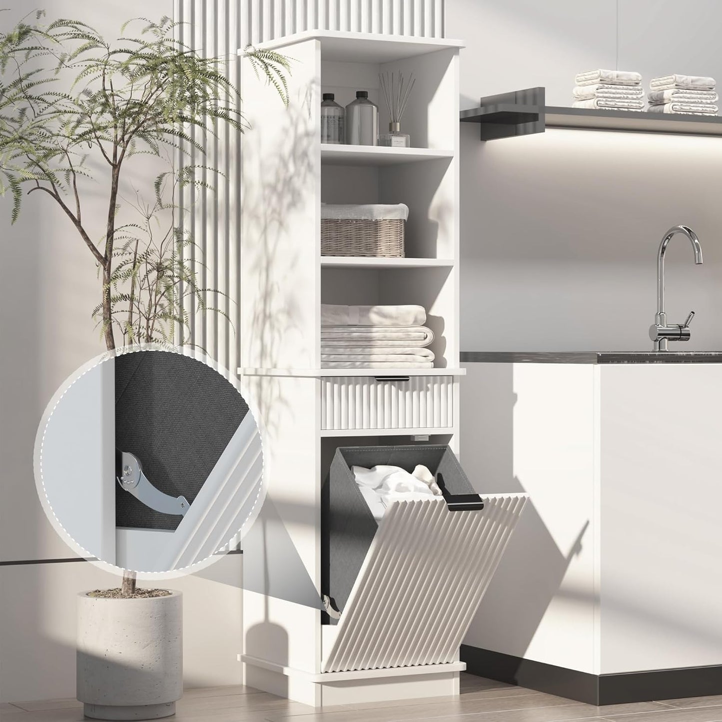 White Tilt Out Laundry Hamper Tall Bathroom Storage Cabinet Hidden Laundry Hamper Cabinet with Drawers and Baskets for Bathroom Hamper with Storage for Bedroom,16x16x59in