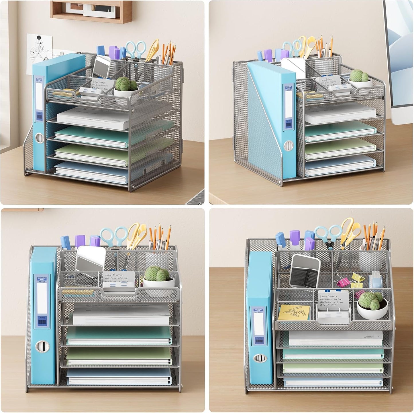 Lavatino 5-Tier Metal Mesh Desk Organizer with File Holder & 7 Customizable Compartments | Paper Letter Tray for Office or Home Desk Storage | Keep Workspace Supplies Neat & Organized, Silver