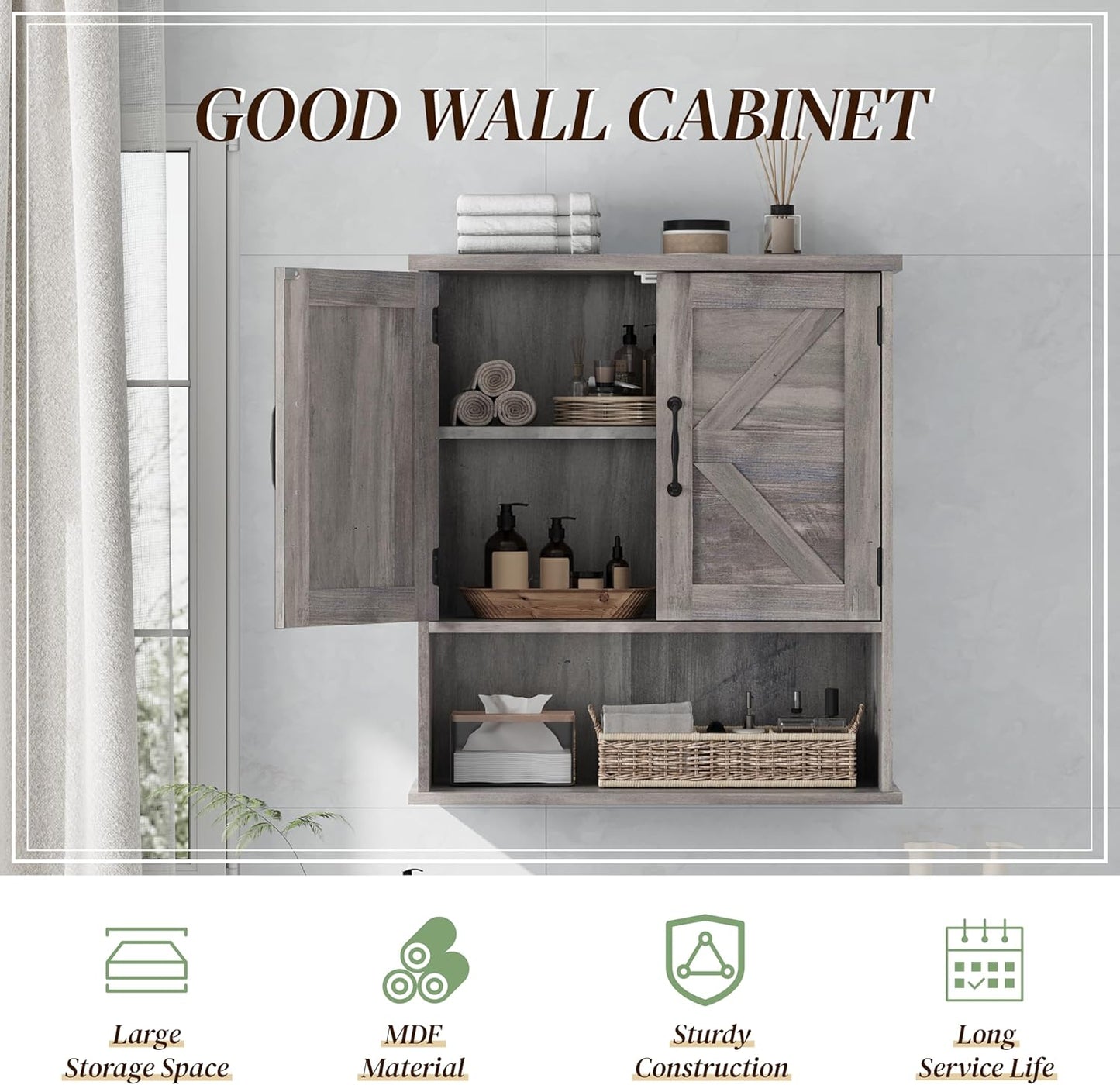 Smuxee Farmhouse Wall Mounted Cabinet, Washed Grey Small Medicine Cabinet with Adjustable Shelf, Suitable for Bathroom, Living Room, Laundry Room