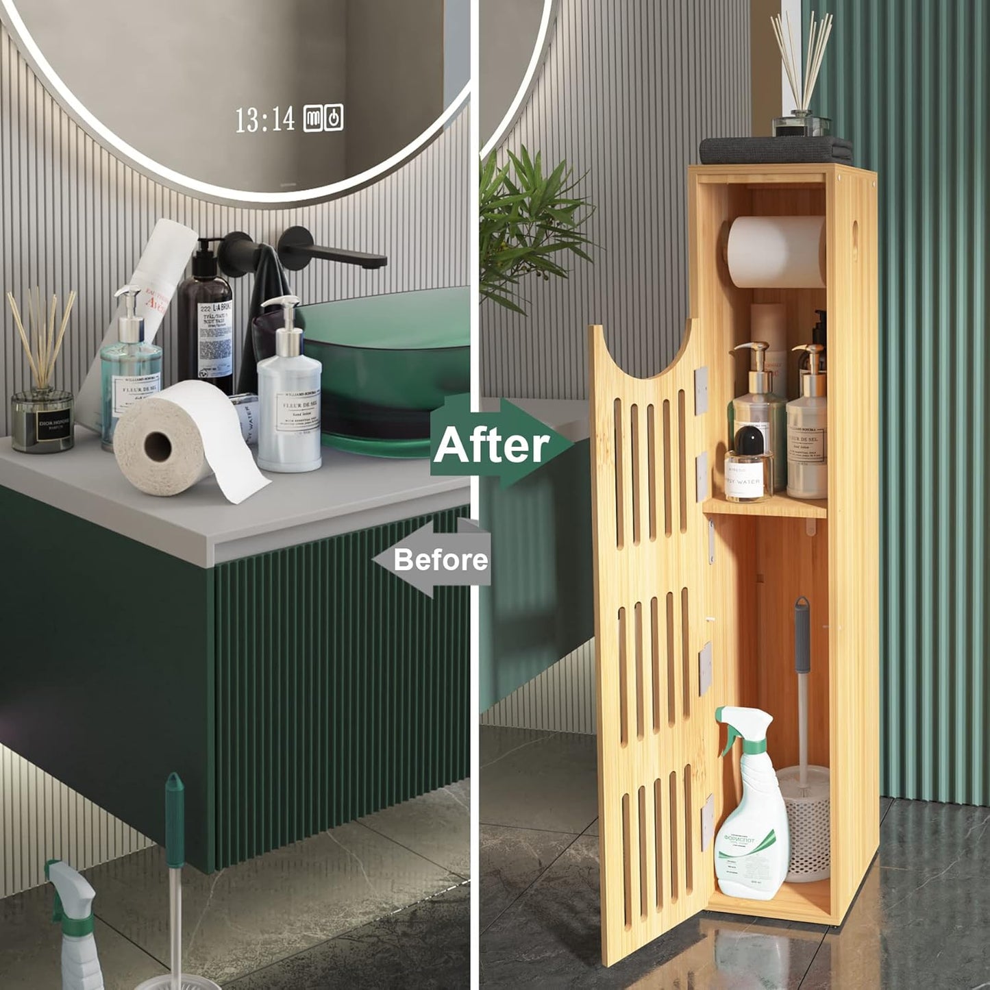 AmazerBath Toilet Paper Storage Cabinet Bamboo, Toilet Paper Holder with Storage for Small Spaces, Slim Bathroom Storage Cabinet, 33x7.3x6.5 Inches