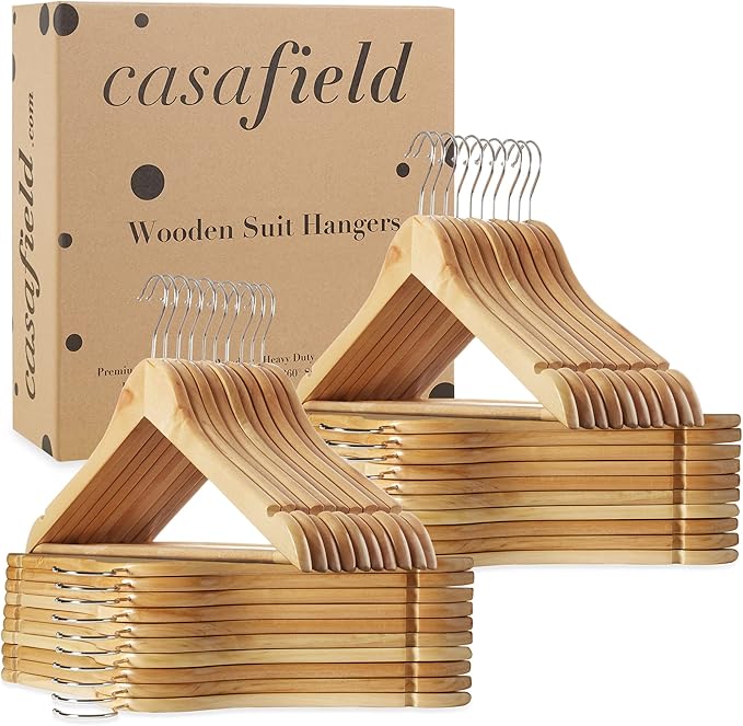 Casafield - 40 Natural Wooden Suit Hangers - Premium Lotus Wood with Notches & Chrome Swivel Hook for Dress Clothes, Coats, Jackets, Pants, Shirts, Skirts