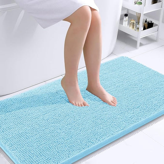 OLANLY Bathroom Rugs 44x24, Extra Soft Absorbent Chenille Bath Rugs, Rubber Backing Quick Dry, Machine Washable Bath Mats for Bathroom Floor, Tub and Shower, Home Decor Accessories, Sky Blue