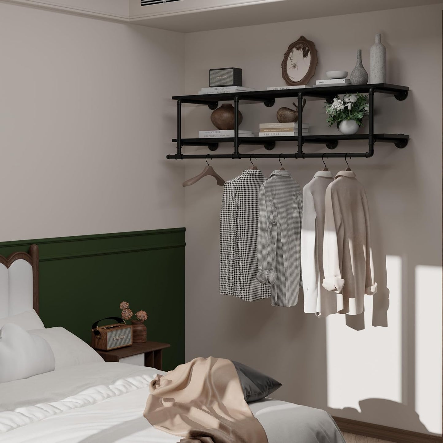 Wall Mounted Clothes Rack 12 Inch Deep, 60 Inch Heavy Duty Garment Rack with Real Black Wood Shelf, Multi-Purpose Hanging Rod & Space-Saving Closet Storage Organizer