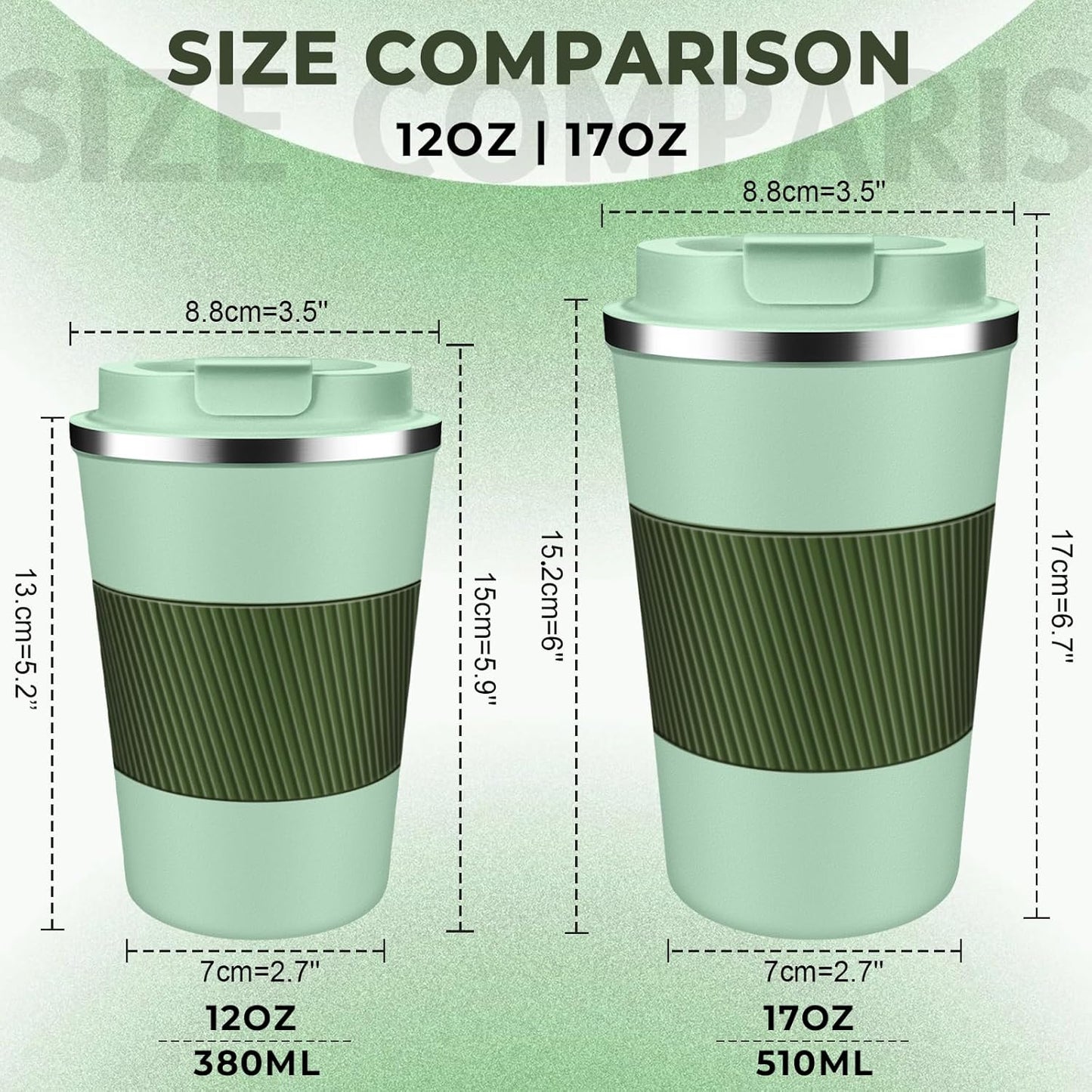 Insulated Coffee Tumbler 12 oz, Stainless Steel Coffee Mug with Lids, Travel Coffee Mug Leak Proof, Double Wall Vacuum Insulated Reusable Coffee Cup, Keep Drinks Hot and Cold (Light Green, 12 Ounces)