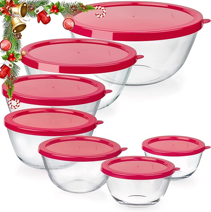 7 Stackable Space-Saving Nesting Glass Bowls with Pink Lids for Foodprep, Storage, Baking, Mixing & Cooking, Microwave Safe - Durable Inert Borosilicate Glass