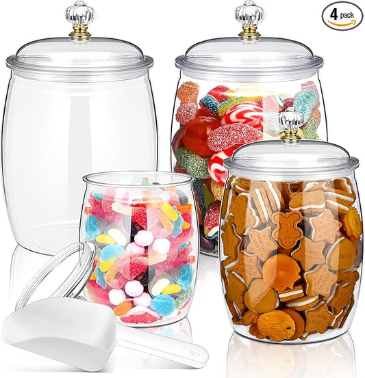 Nuogo 4 Pcs Plastic Candy and Cookie Jars with Lids Clear Cookie Container Candy Jars Large Airtight Apothecary Storage Organization for Wedding Home Kitchen Bar(42/64/90 oz)