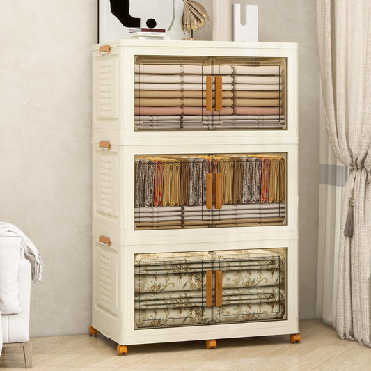 Plastic Stackable Storage Bins with Lids and Wheels, Foldable Closet Organizers and Storage Containers, Collapsible Clear Drawer Storage Cabinet with Doors White 114Gal