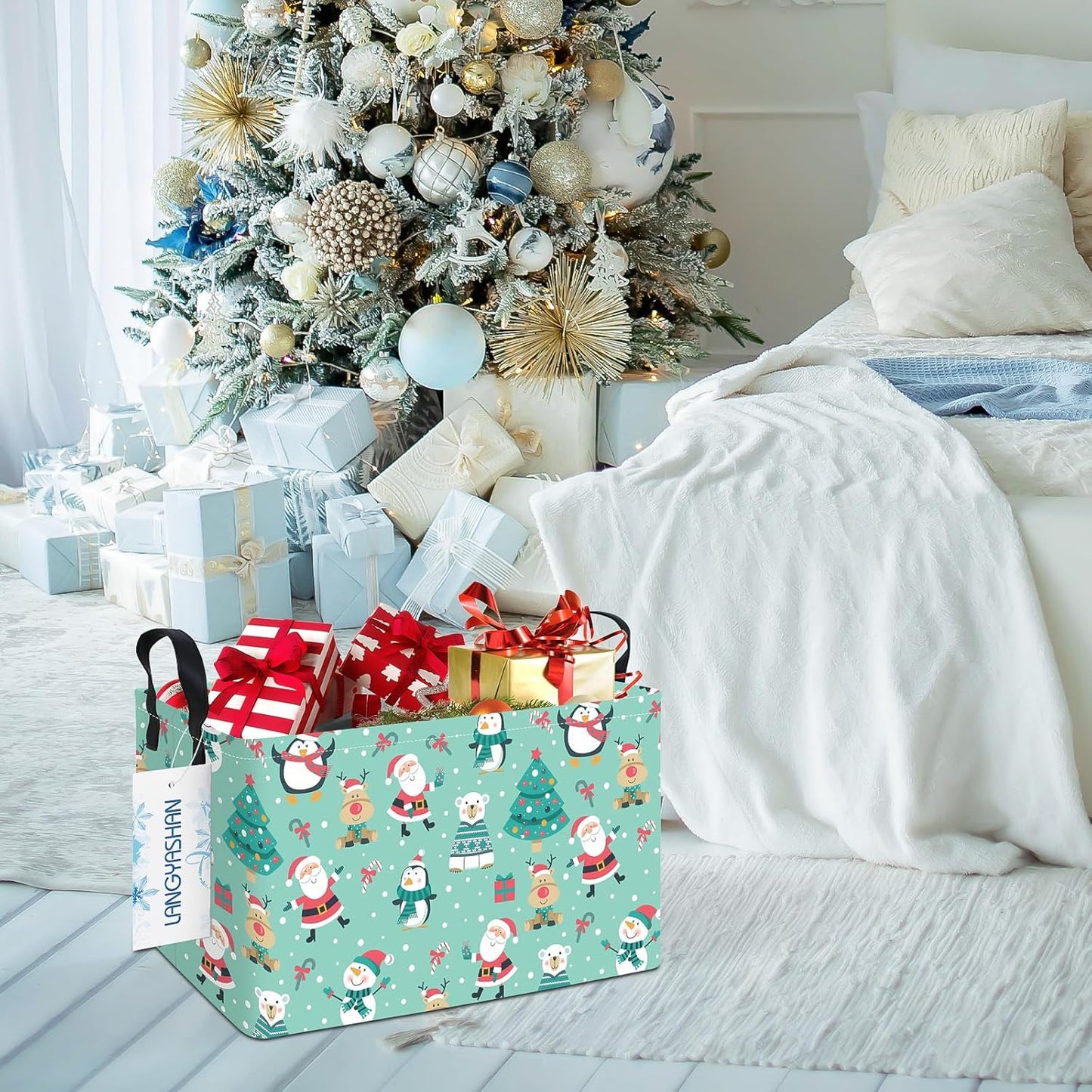 LANGYASHAN Rectangular Christmas Santa Claus Storage Basket with Handles for Organizing Home Kitchen Boys and Girls Toys Office Closet Shelf Baskets (Rec Penguin Santa Claus)