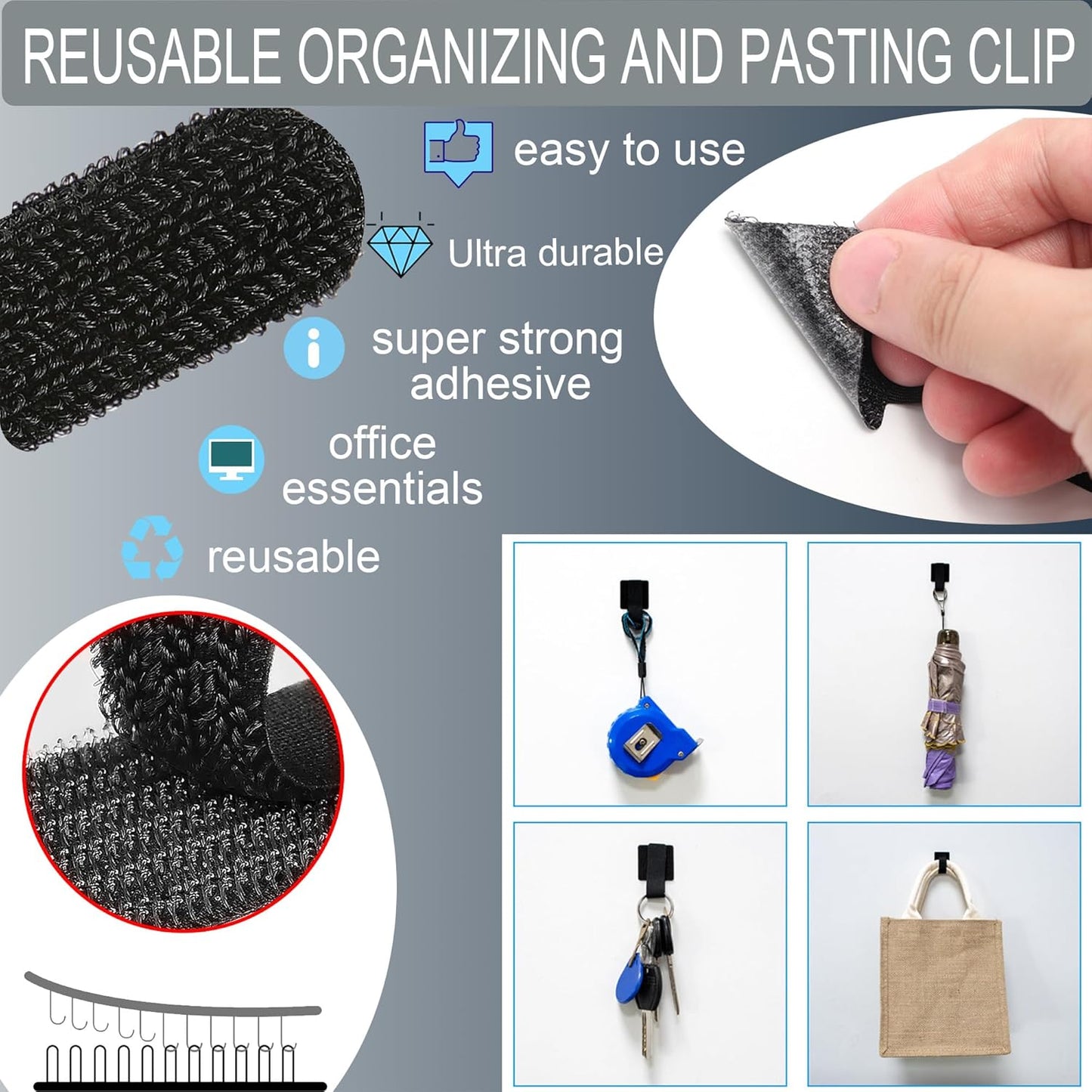 Management Kit Adhesive Hook Loop Straps, Reusable Cable Ties, Cord Org 40 pcs - for Desk/UnderDesk, Home Office, InWall, Kitchen - Wire Clips for Cords,Electronics,Appliances,PC w/100 pcs Cable Tie