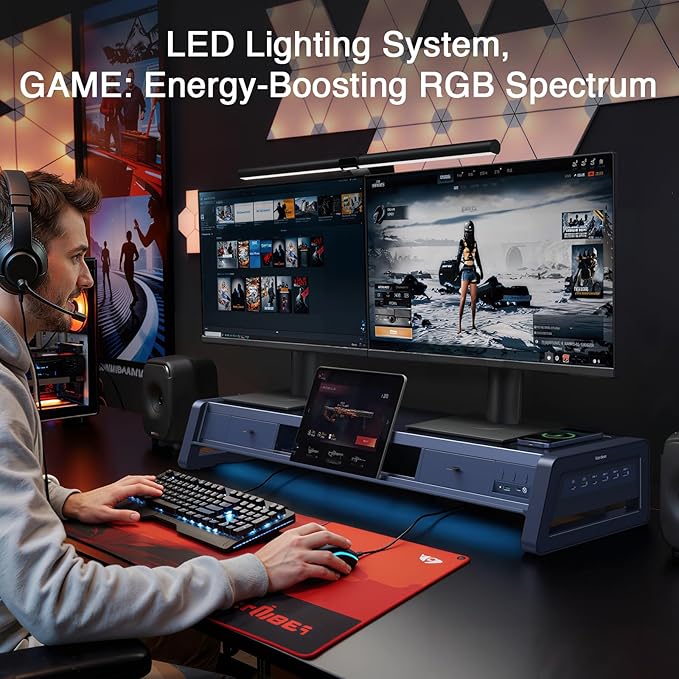 Vaydeer All-in-One Dual Monitor Stand Riser with 2 Drawers, 8USB Ports and Wireless Charging Pad with LED Light Strip for 2 Monitors , Desk Organizer for PC, iMac (Metal, 39.3 inches)