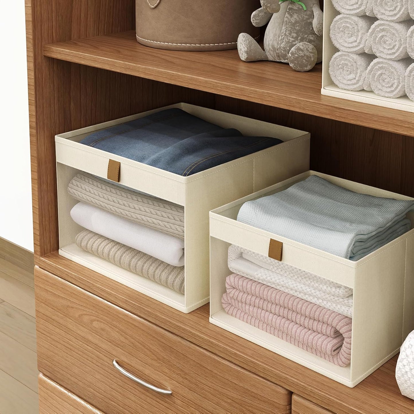 Linen Closet Organizers and Storage, Closet Storage Bins Basket Organizer, Foldable Organization Baskets with Mesh Window for Clothes Towels and Toys, 12.75" x 12.75" x 9", Beige, 4 pack