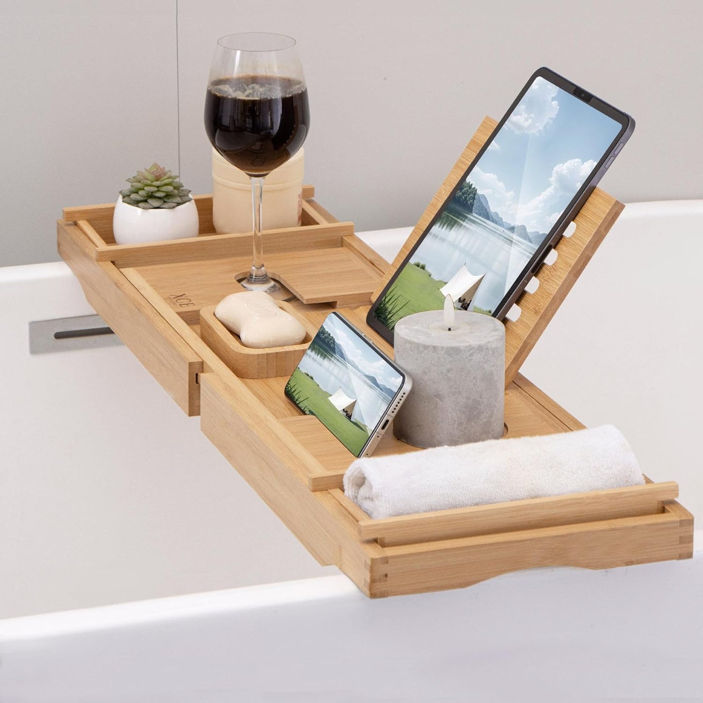 XcE Bathtub Caddy Tray Expandable to 105cm with Bamboo Book Stand and Soap Tray, Natural