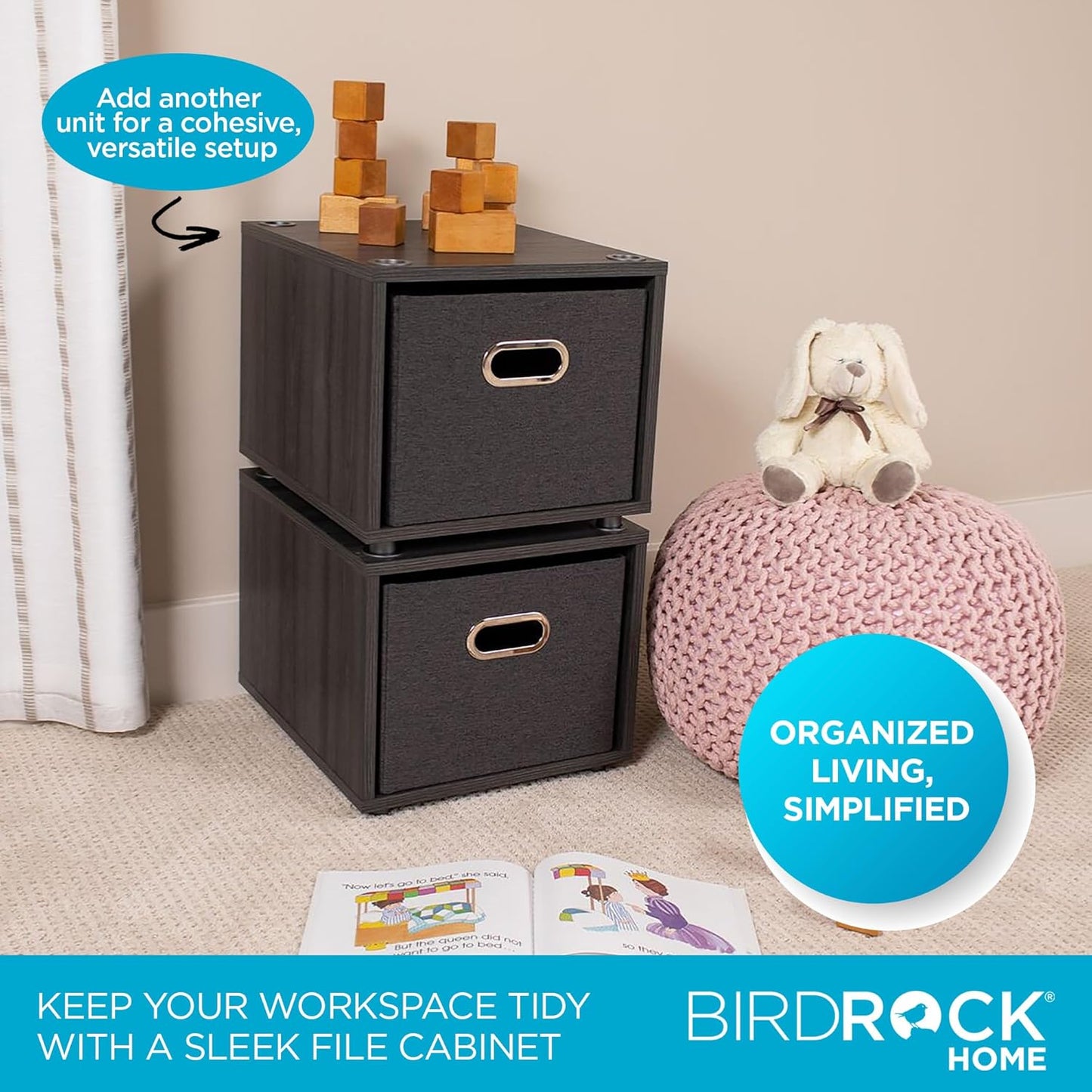 BIRDROCK HOME Rolling File Cabinet – Decorative Storage Shelf w/Removable Bins, Handles, and Wheels – Organize Files, Books, Toys, Under Desk Office Solution, Modern Design - 1 Lateral Drawer, Gray