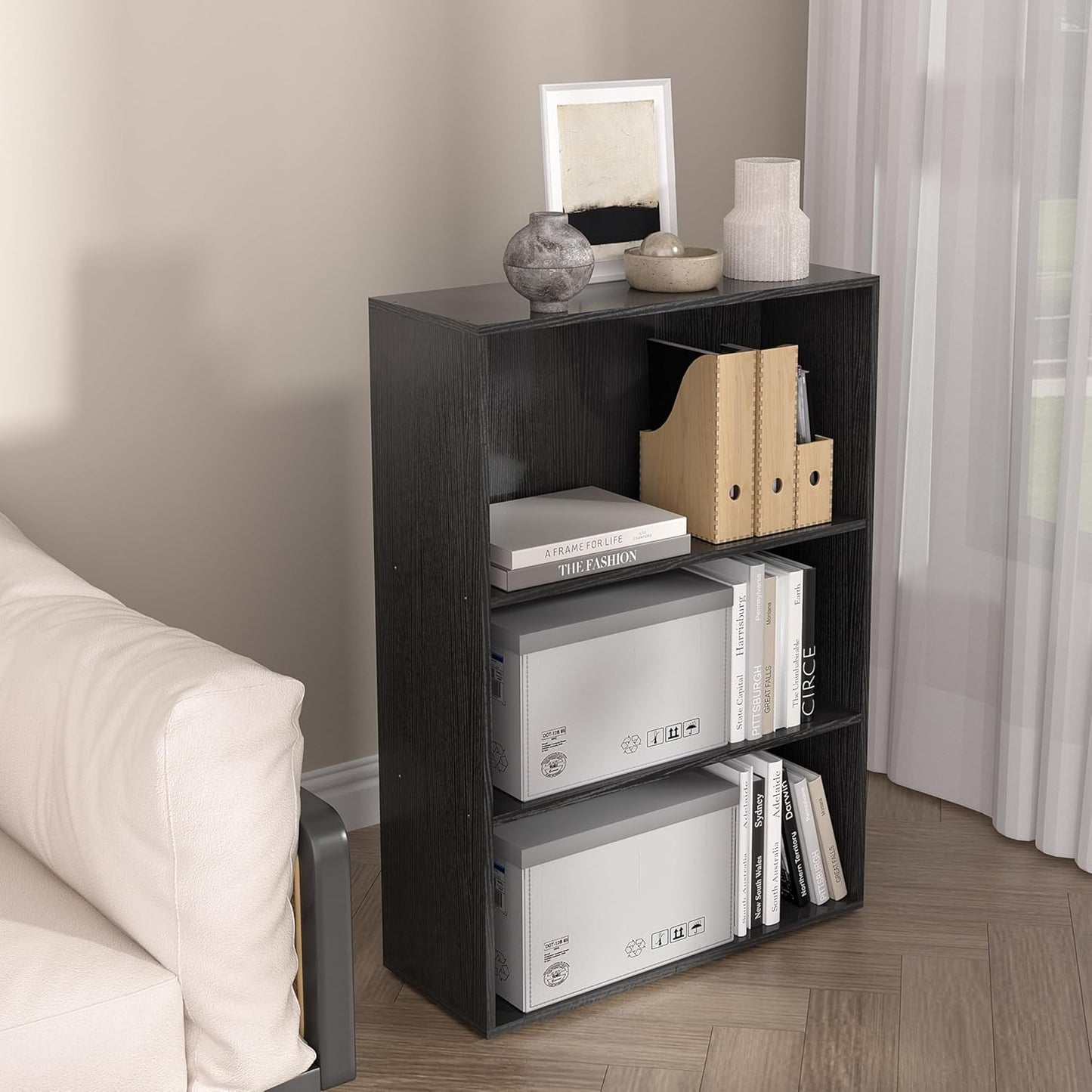 Wooden 3 Cube Storage Organizer,3 Tier Low Bookcase Storage Display Organizer, 33 Inch Versatile Cubes Shelf and Cubby Unit for Any Space (Black, 3 Cube-W(23.6inch)