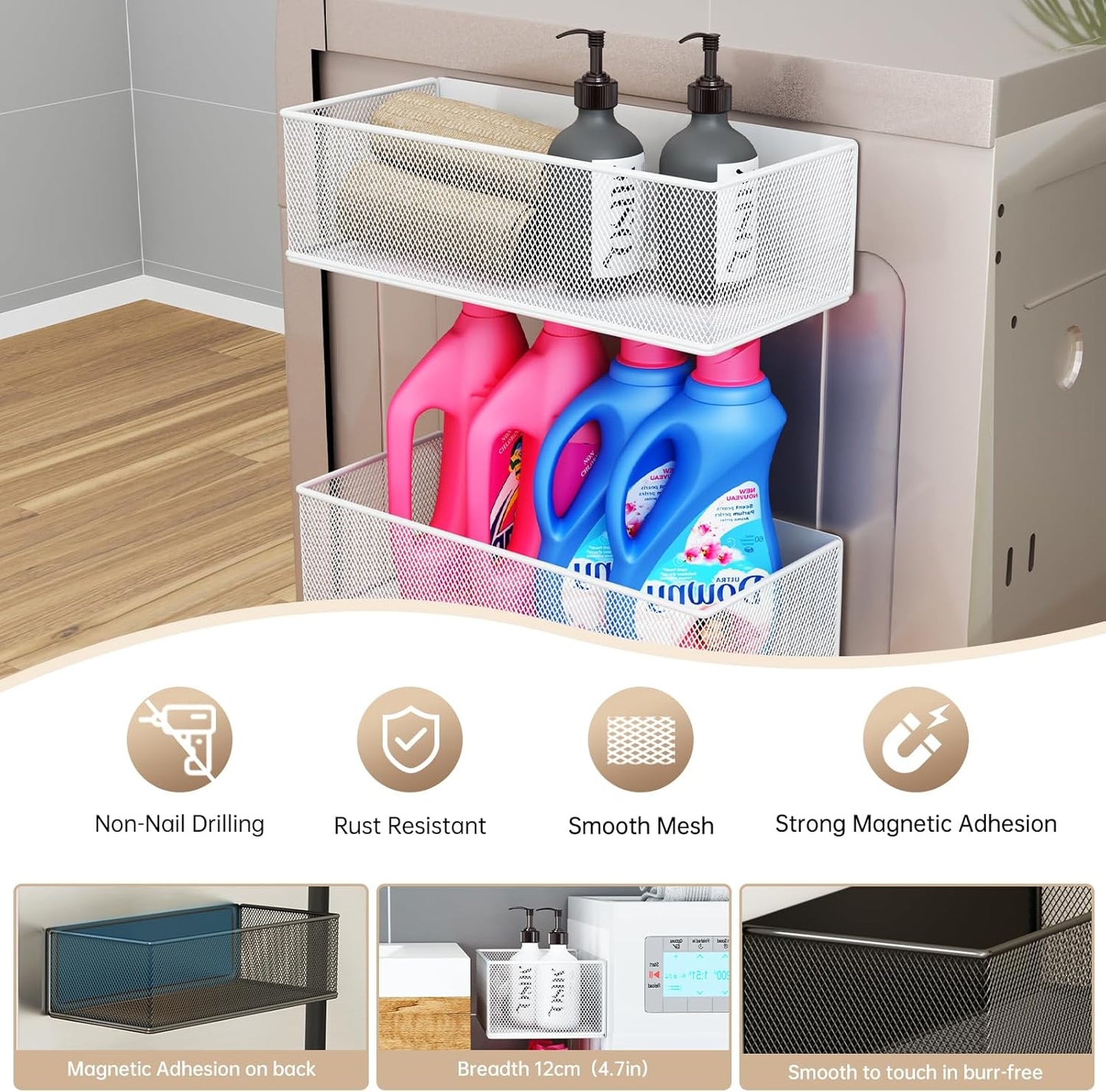 Magnetic Shelf for Washing Machine, Washer Dryer Shelf, Magnetic Lint Bin for Laundry Room, Spice Rack, Magnetic Basket Organizer for Laundry Kitchen, 1 Pack (Black, 10.63''L*4.72''W*3.03''H)