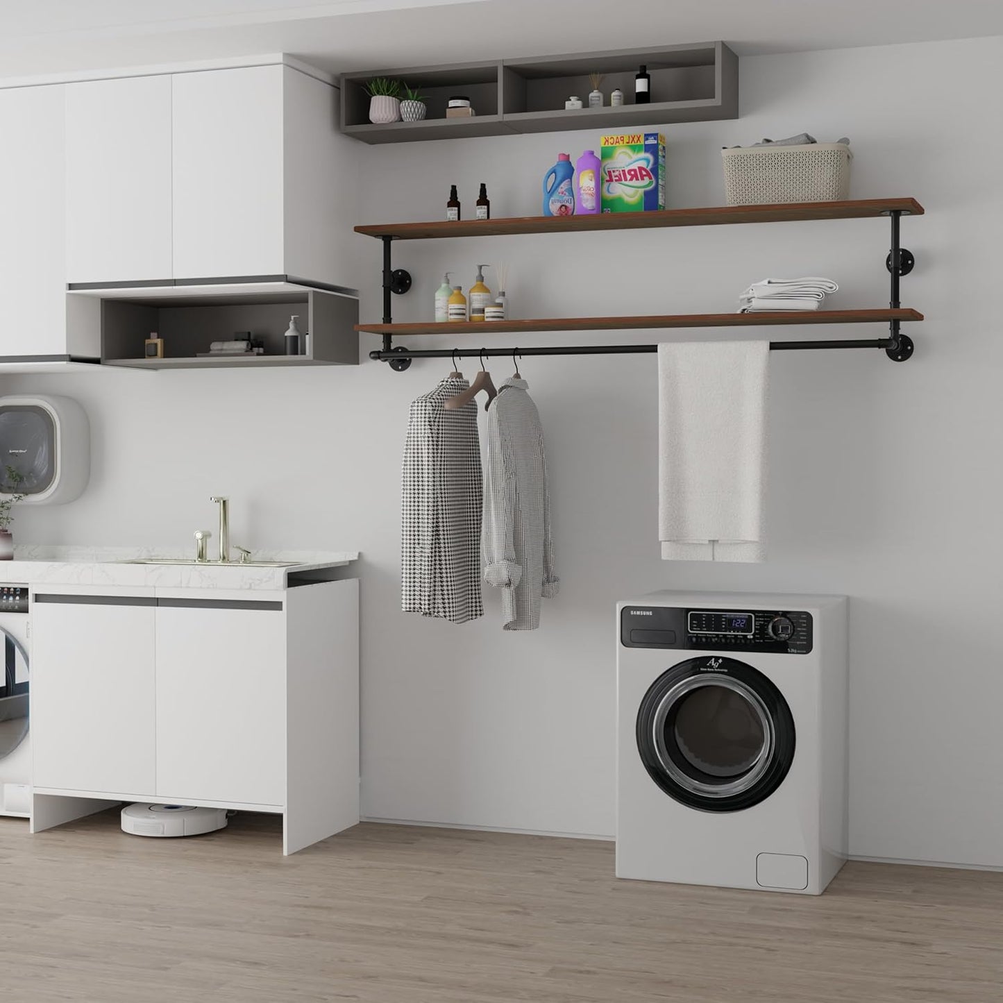 Clothes Rack 55in, 2-Tier Wall Mounted Garment Rack with Real Wood Shelf, Heavy Duty Hanging Clothes Rack, Multi-Purpose Hanging Rod, Space-Saving Closet Storage