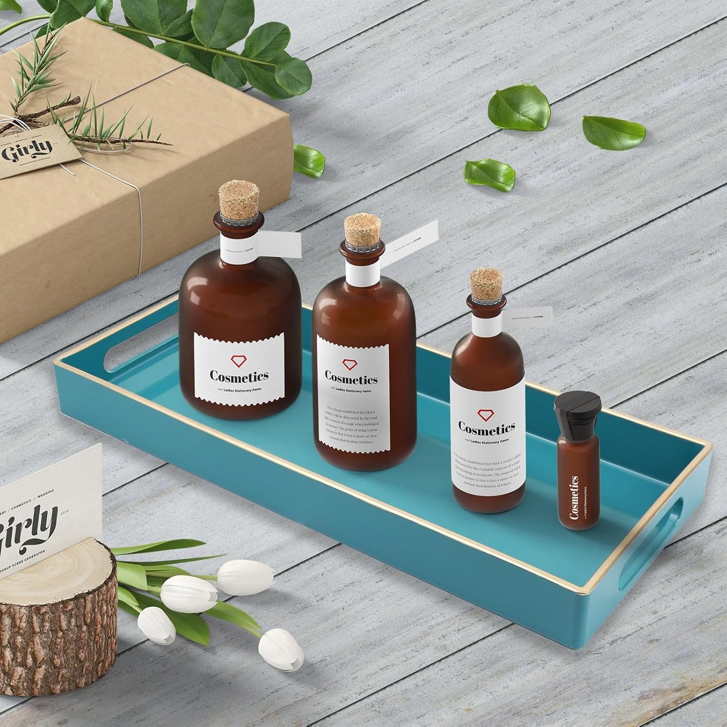 Teal Blue Vanity Tray with Handles, Decorative Tray Desktop Storage Organizer for Bathroom, Living Room, 5.9"*13.7"