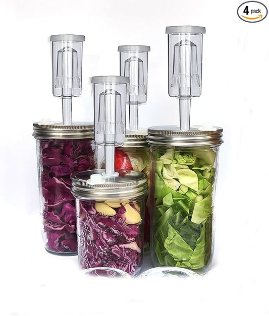4 Set Fermentation Lids Kit for Wide Mouth Jars, 4 Stainless Steel Fermenting Lids with 4 Airlocks(Jars Not Included) (No Glass Weight)