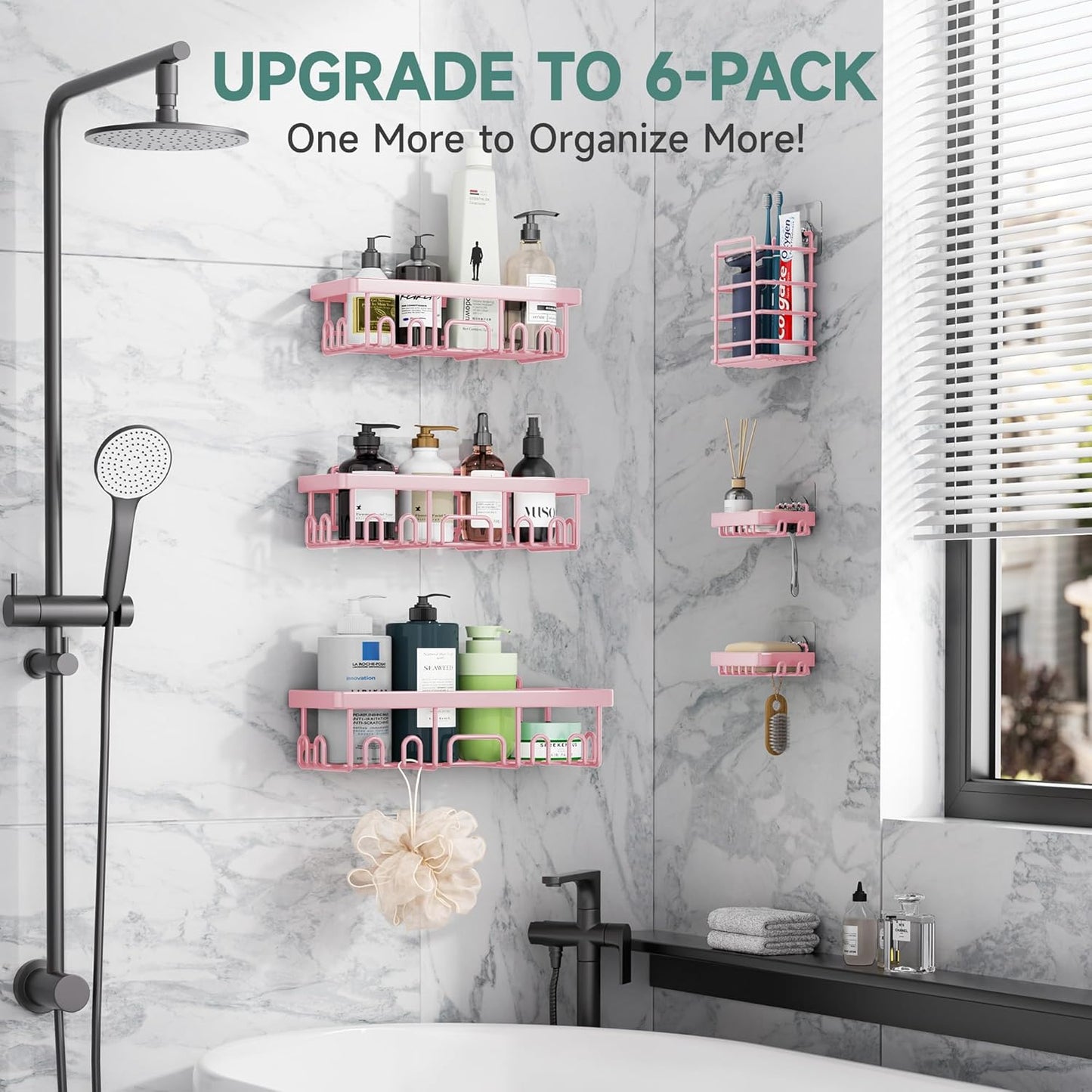 Veken Large Capacity Shower Caddy 6-Pack, No Drilling & Rustproof, Adhesive Shower Shelves with Soap Holder, Bathroom Organizers and Storage, Wall-Mounted Kitchen & Home Decor, Pink