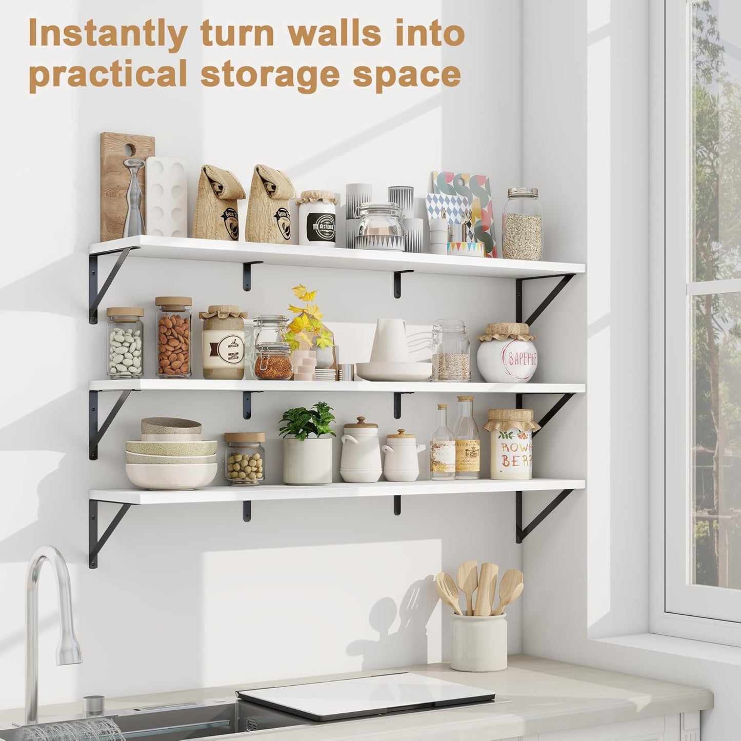 Fun Memories Extra Long Floating Wall Shelves, 48 x 8 Inches, Set of 3 Large Wood Floating Bookshelves with Metal Brackets for Storage & Display (White)