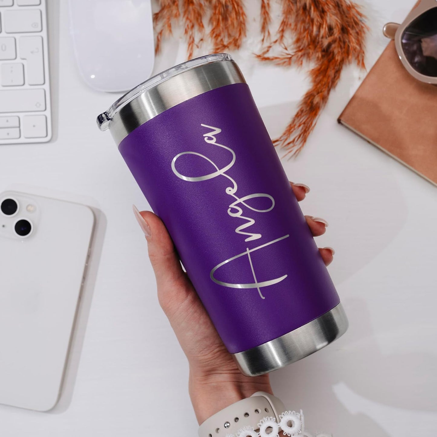 Be Burgundy Personalized Tumbler with Engraved Name - 12 Designs, 30 Oz Coffee Tumbler with Slider Lid, Purple, Double Wall Insulated - Gift for Women, Mom, Personalized Birthday Gift for Her