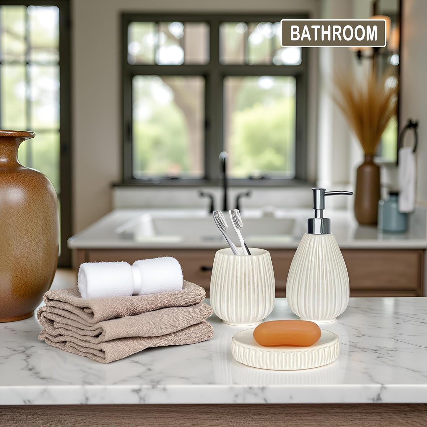 Ceramic Bathroom Accessory Set, White Bathroom Set, Caahanjia Bathroom Accessories Set 4 Pieces, Toilet Brush, Lotion Dispenser, Soap Dish, Toothbrush Cup, Modern Bathroom Décor (13 Ounce)