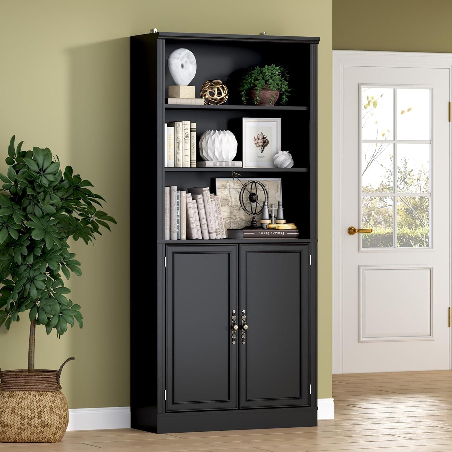 71.4" Tall Bookshelf with Cabinet, 5-Tier Floor Standing Bookcase with Doors & Adjustable Shelves, 31.5" Wide Storage Shelf, Metal Handles, Modern Organizer for Home Office, Living Room