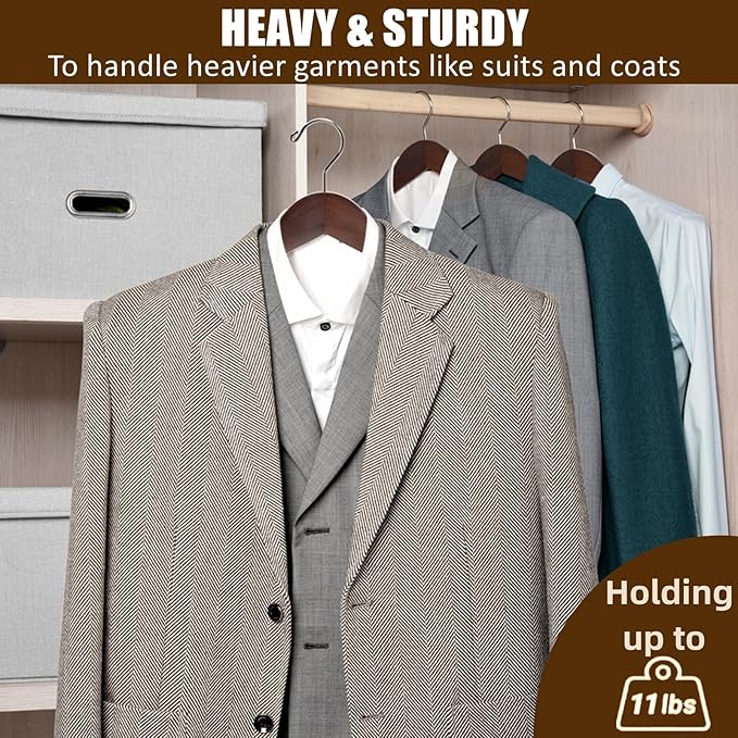 Amber Home 6 Pack Walnut Wide Shoulder Wooden Suit Coat Hangers with Non Slip Pants Bar, Solid Wood Jacket Clothes Hangers Smooth Finish for Sweater, Pants, Heavy Clothes (Walnut, 6 Pack)