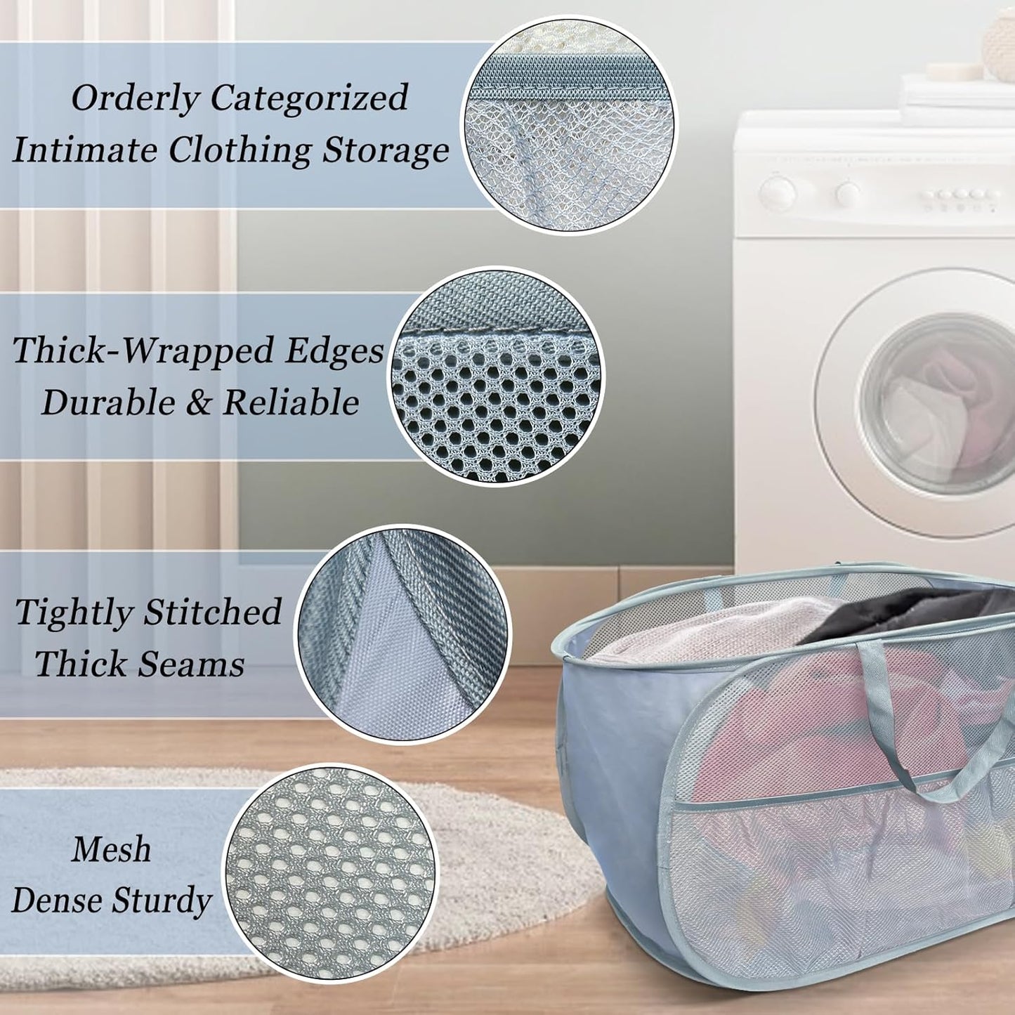 Collapsible Laundry Baskets 2 Pack, Mesh Pop Up Hamper with Handles, Portable Stair Basket, Dorm or Room Folding Bin, Dirty Clothes Hamper Light Breathable. Grey. 2H