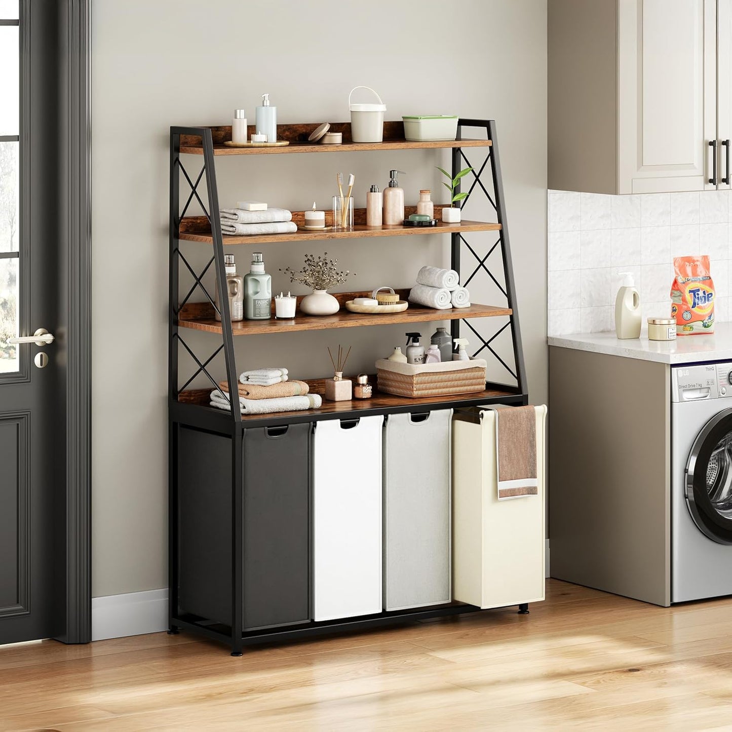 Laundry Basket, 4 Section Laundry Hamper with 4 Tiers Shelf, Pull-Out and Removable Laundry Bags, Large 4 x 15.87 Gallons, for Laundry Room Bathroom Rustic Brown PF12XLN