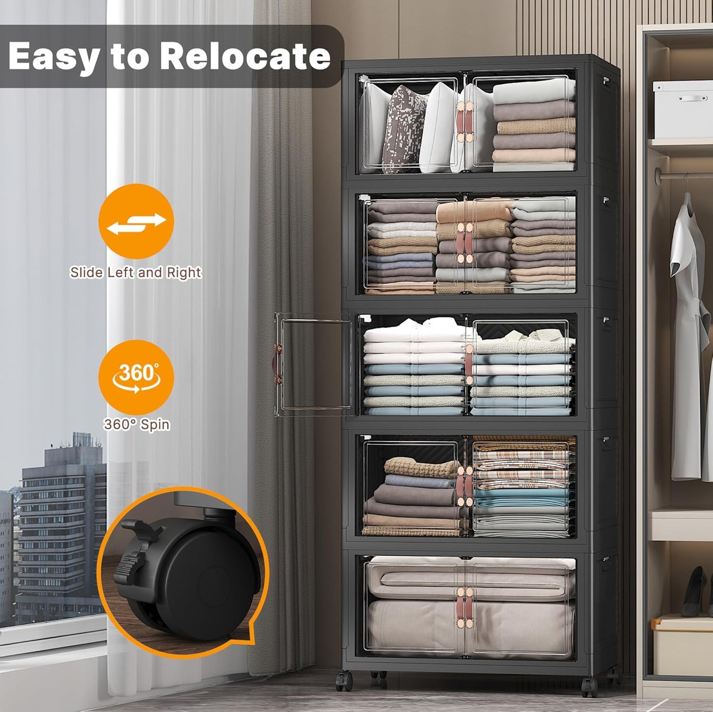 Extra Large Stackable Storage Bins with Lids & Wheels & Door, 560QT-112QT/28GAL*5Pack Foldable Collapsible Closet Organizers, Plastic containers drawers for bedroom Dorm