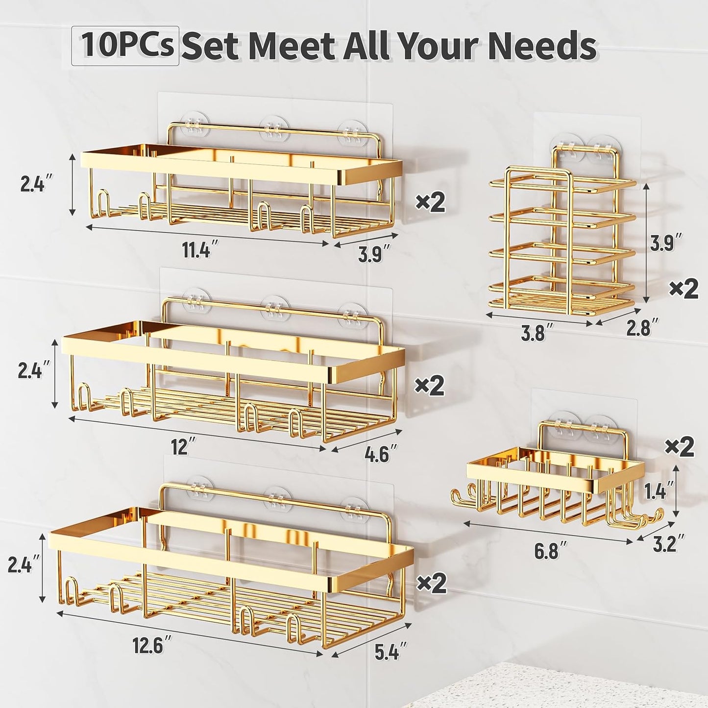 10 Pack Shower Caddy Organizer Rack Shelf for Inside Shower, Self Adhesive Wall Storage Basket Rustproof Stainless Steel Shampoo Holder Bathroom Accessory Decor Set, Gold