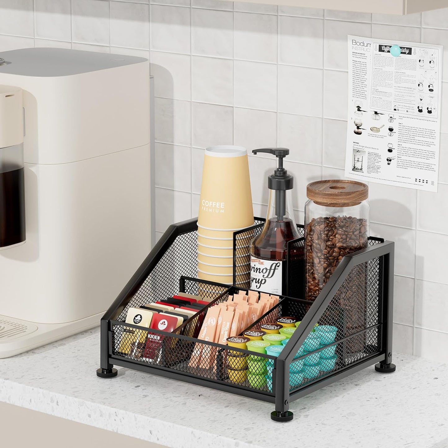 SWTYMIKI Coffee Bar Organizer for Countertop – Space-Saving Storage Rack with Tiered Shelves, Coffee Station Organizer for Breakroom, Kitchen, Office, Cafe, Mesh Tea Condiment Storage