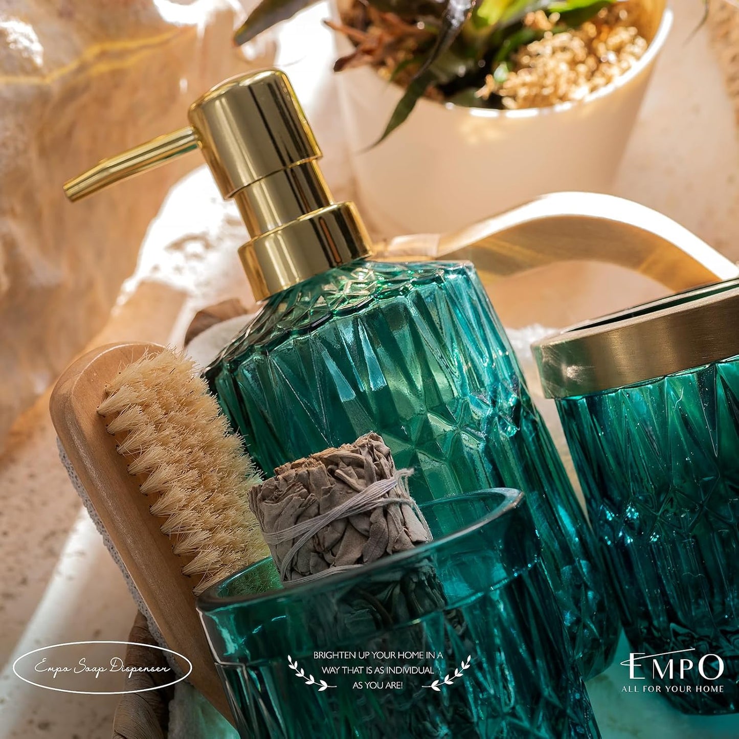 EMPO 6PCS Bathroom Clear Glass Accessories Set (Lotion Soap Dispenser, Soap Dish, Toothbrush Holder, Tumbler, Cotton Swab Jar), Contemporary Modern Decor Crystal Vintage Gift (6pcs Ocean Teal Blue)