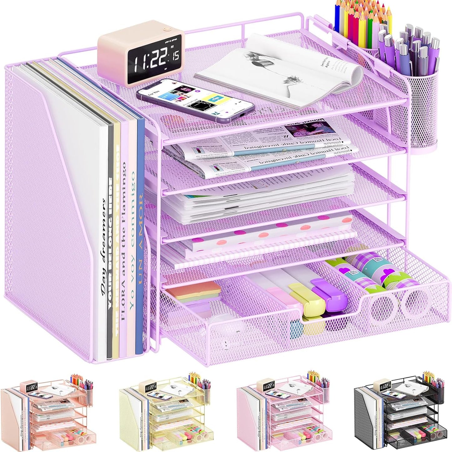 Desk Organizers and Accessories with File Holder, 5-Tier Office Desk Accessories & Workspace Desktop Organizer with Drawer and 2 Pen Holder, File Paper Organizer for Office Supplies(Purple)
