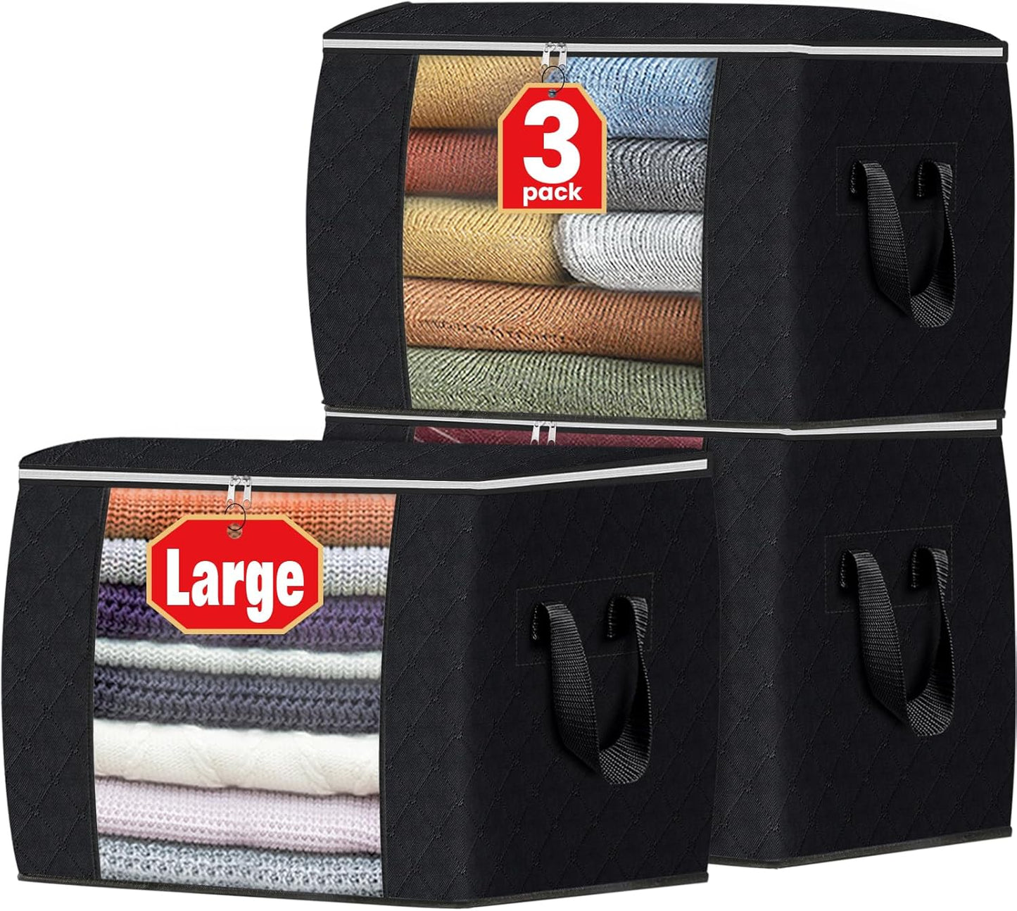 Fab totes 24 Gallons Clothes Storage, Foldable Thick Fabric Blanket Storage Bags, Containers for Organizing Bedroom, Closet, Clothing, Comforter, Organization with Handle (3 Pack,Black)