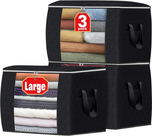 Fab totes 24 Gallons Clothes Storage, Foldable Thick Fabric Blanket Storage Bags, Containers for Organizing Bedroom, Closet, Clothing, Comforter, Organization with Handle (3 Pack,Black)